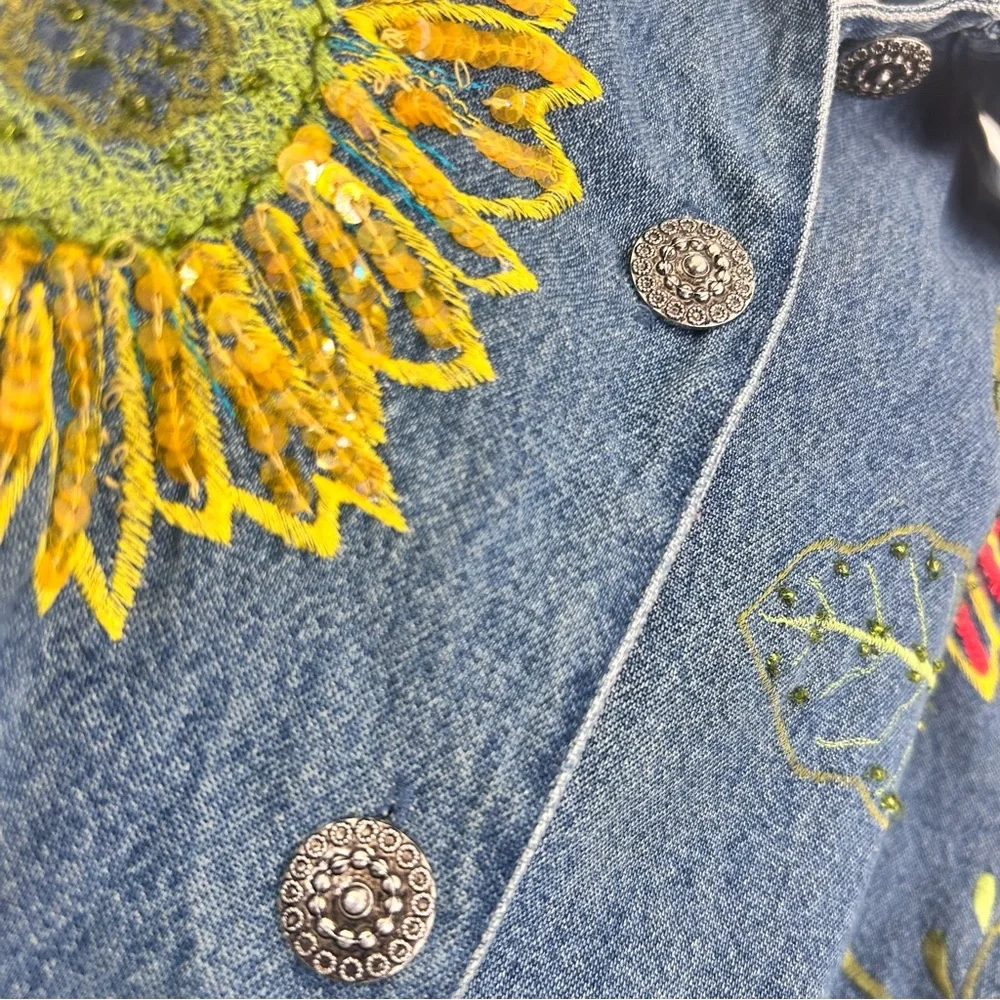 Vintage 90s Embroidered Sunflower Ladybug Denim Jacket Size L Blue Cottagecore - Picture 9 of 13